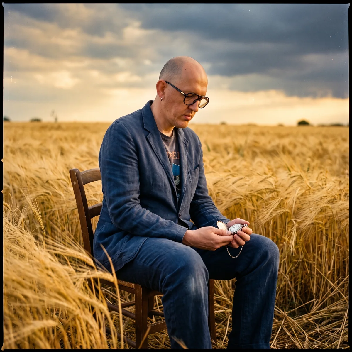 Marco Maso seduto in un campo di grano con un orologio