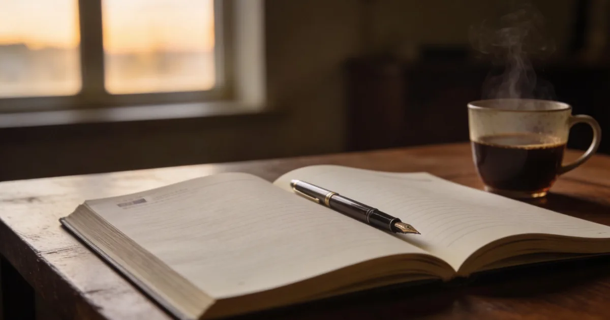 Quaderno aperto con pagine bianche e penna su scrivania in legno, luce naturale del mattino