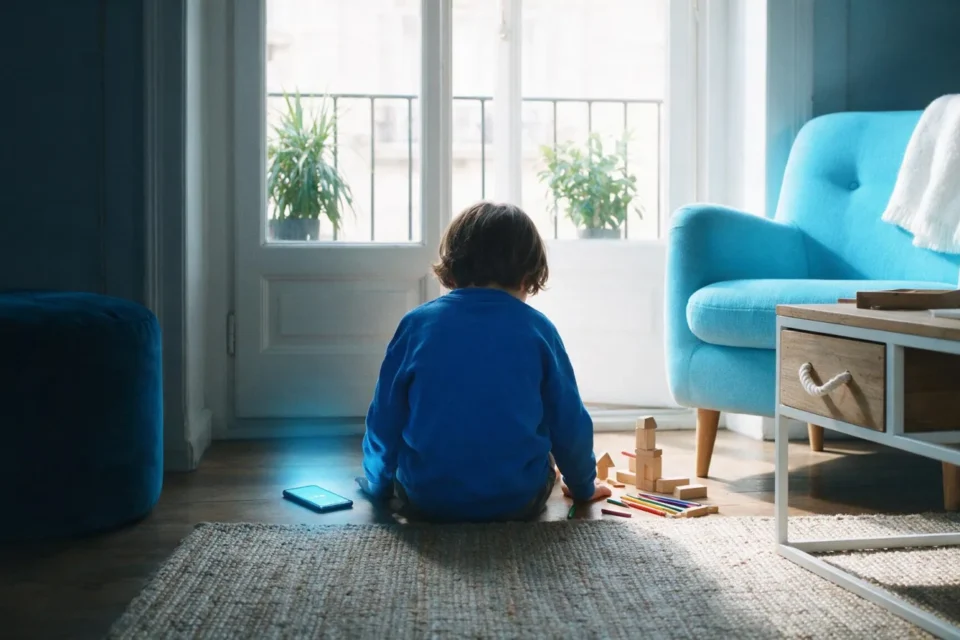 Un bambino di spalle tra uno smartphone acceso e giochi di legno nella luce della finestra