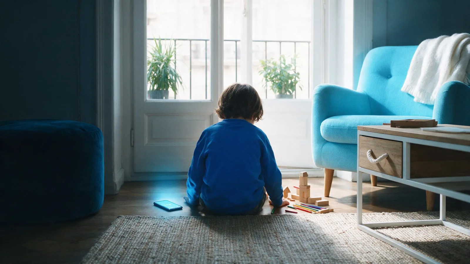 Un bambino di spalle tra uno smartphone acceso e giochi di legno nella luce della finestra