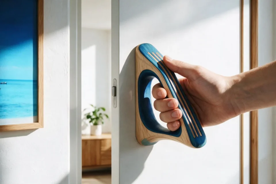Una mano afferra una maniglia di legno dal design perfettamente ergonomico