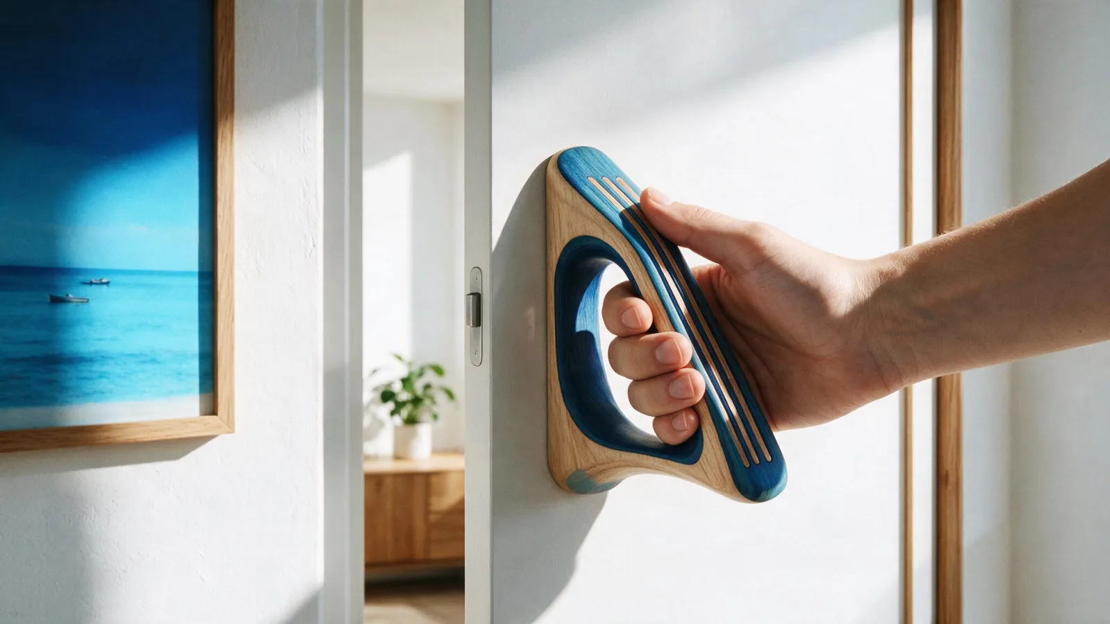 Una mano afferra una maniglia di legno dal design perfettamente ergonomico