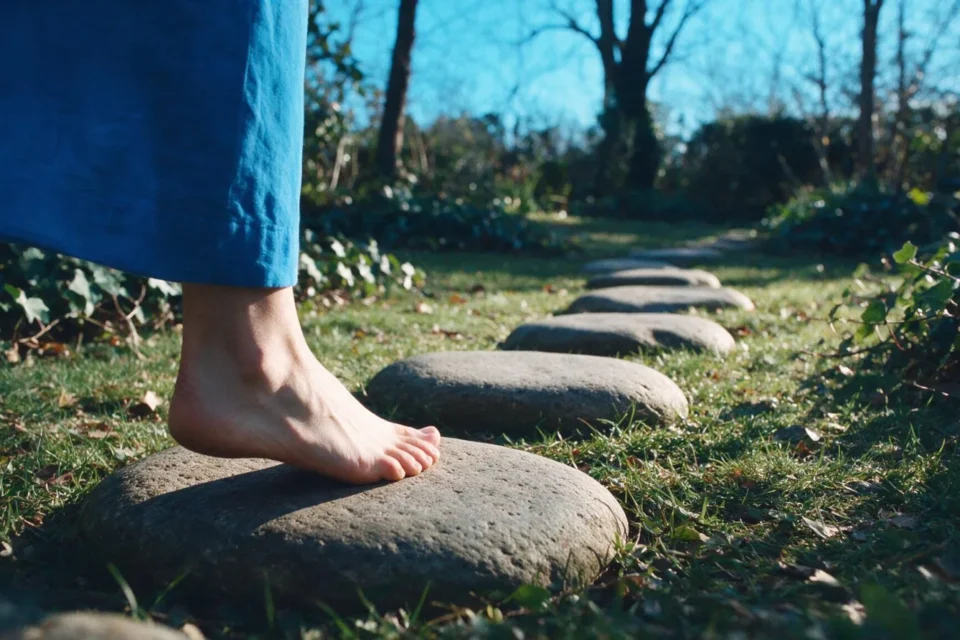 Un piede scalzo si posa sulla prima pietra di un sentiero in giardino