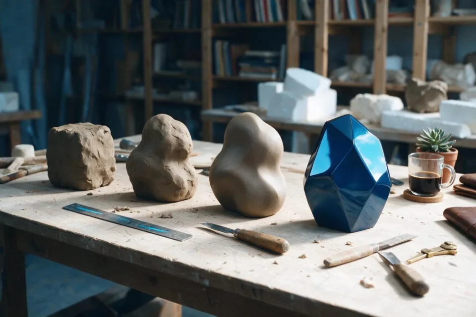 Progressione dall'argilla grezza a una scultura geometrica blu levigata
