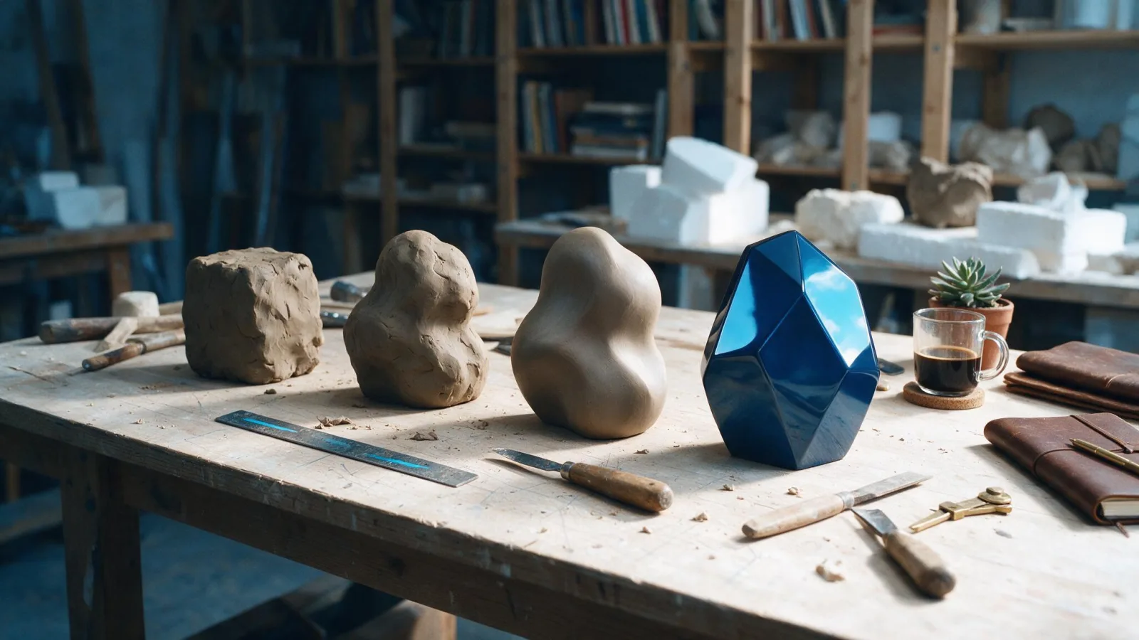 Progressione dall'argilla grezza a una scultura geometrica blu levigata