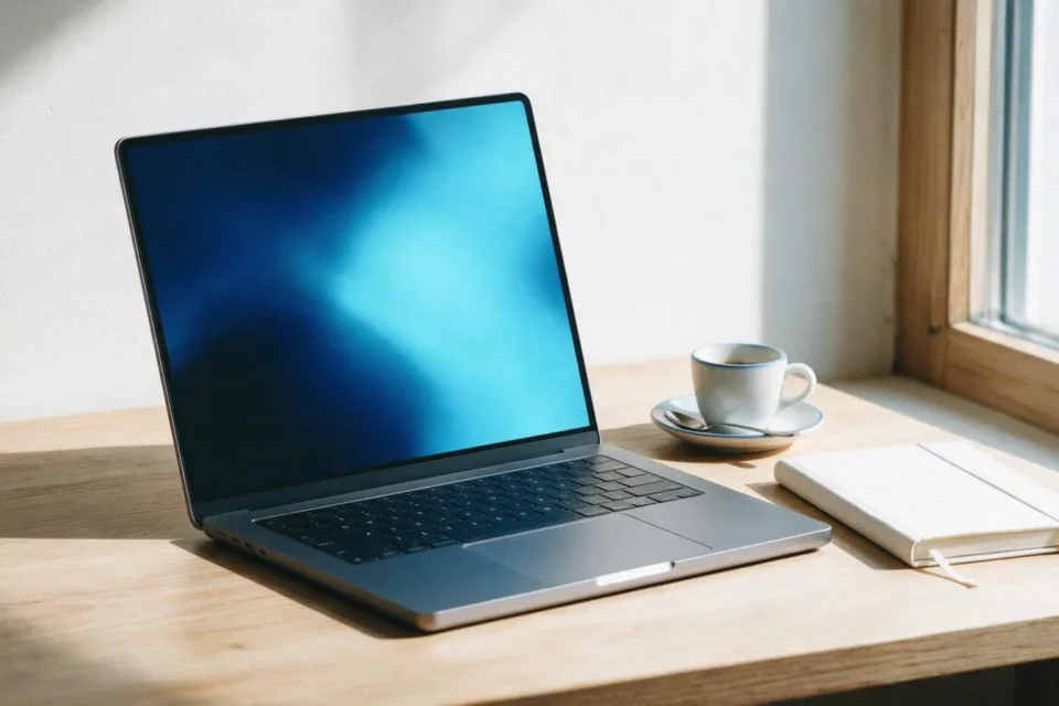 Laptop minimale aperto su una scrivania ordinata con luce celeste sullo schermo