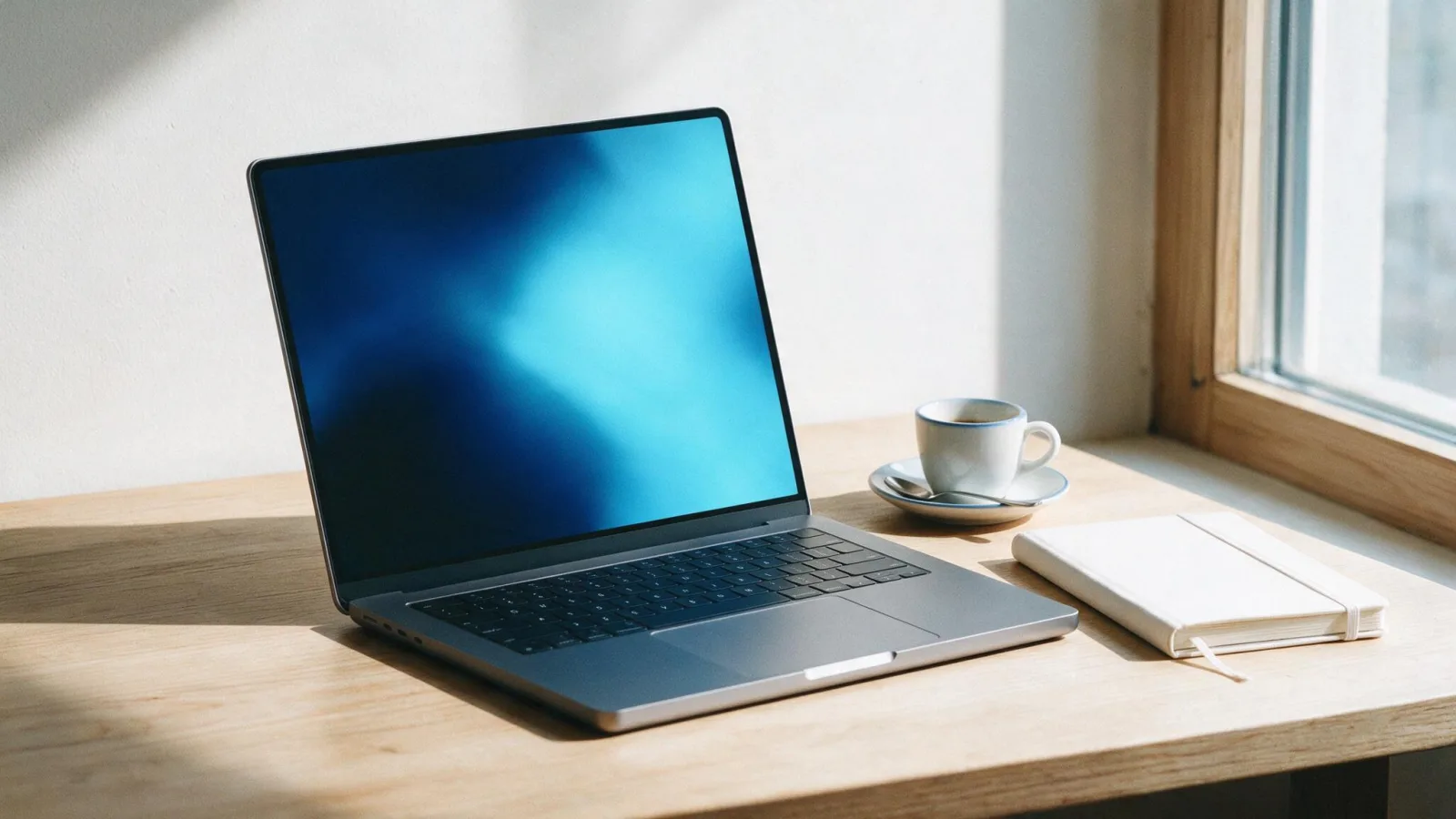 Laptop minimale aperto su una scrivania ordinata con luce celeste sullo schermo
