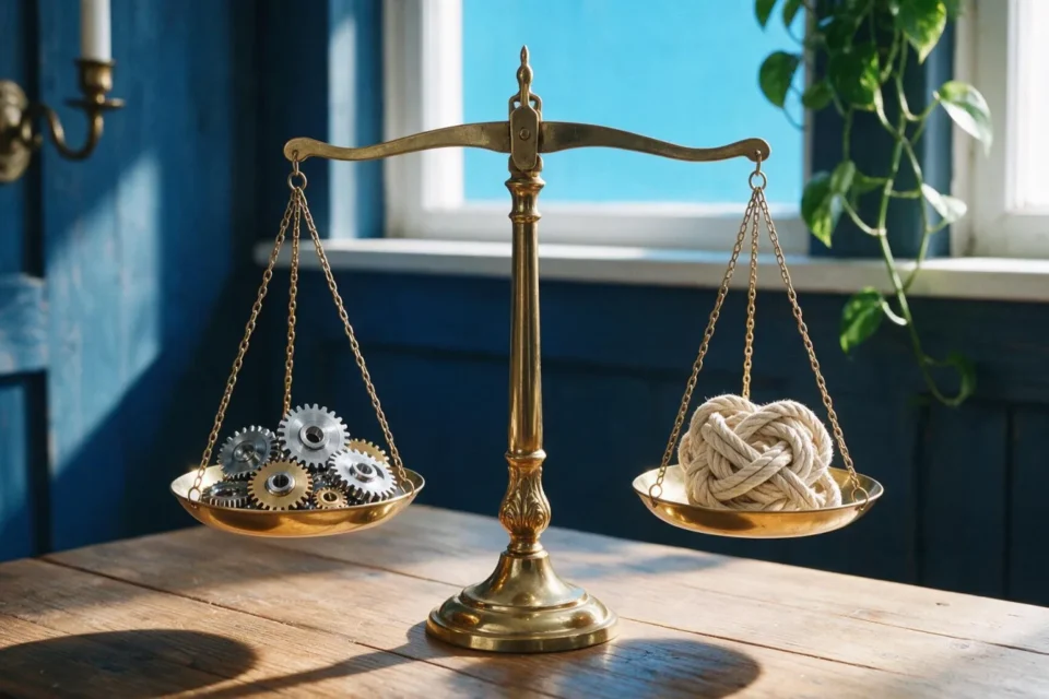 Bilancia in equilibrio tra ingranaggi metallici e un intreccio di corda