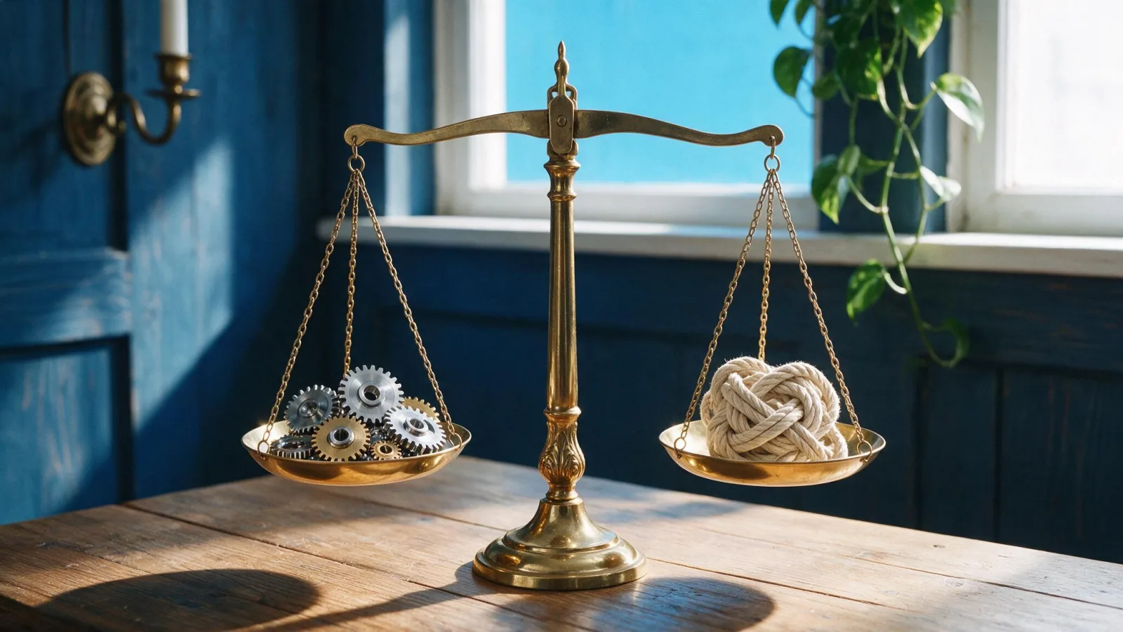 Bilancia in equilibrio tra ingranaggi metallici e un intreccio di corda