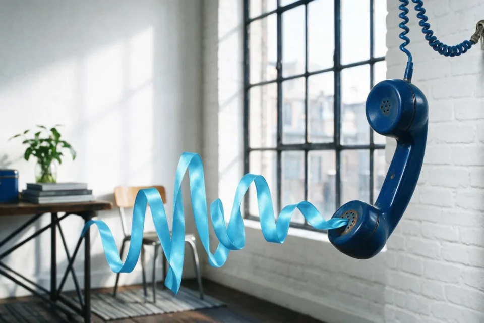 Cornetta telefonica vintage blu da cui esce un nastro celeste a forma di onda sonora