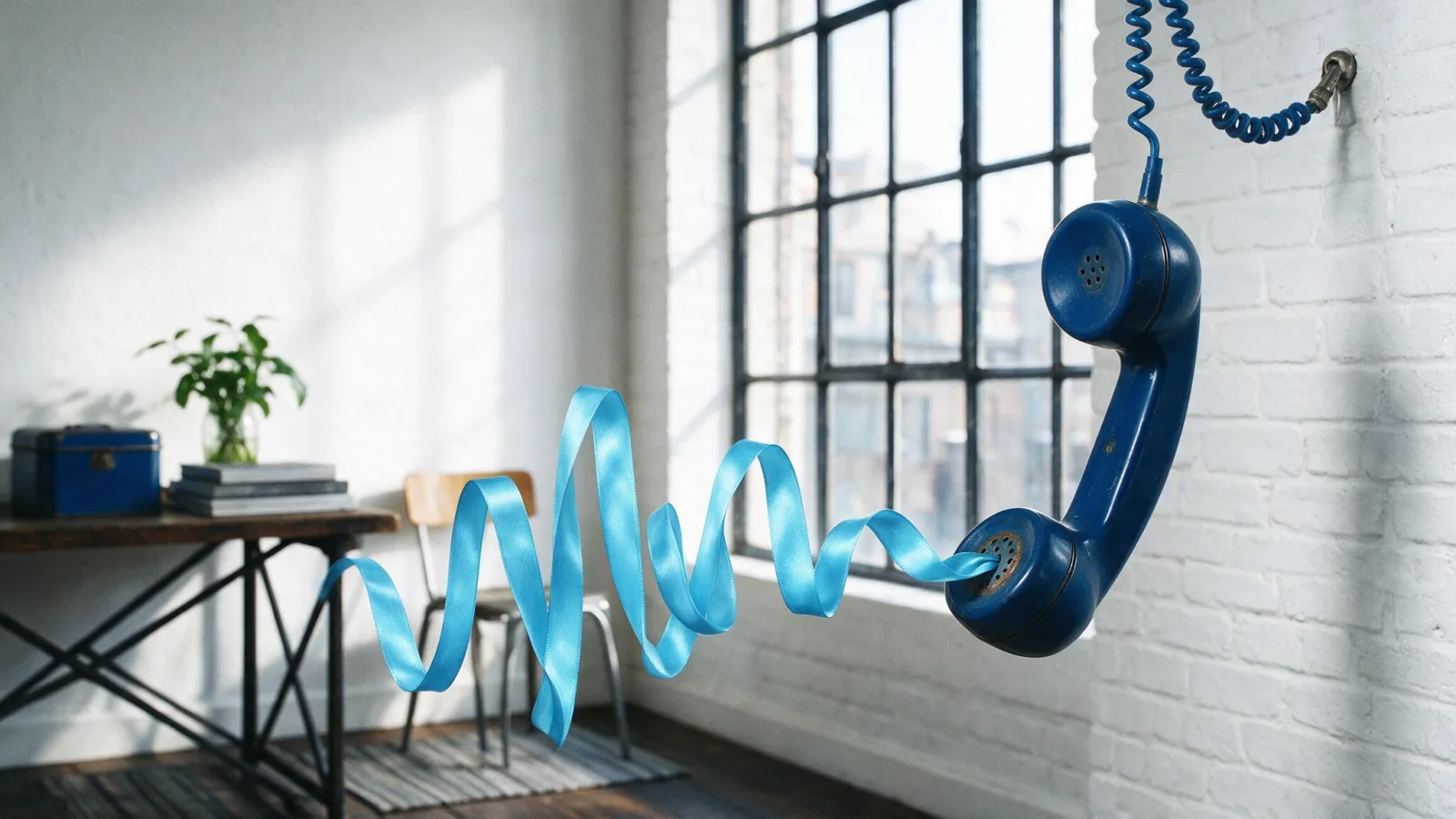 Cornetta telefonica vintage blu da cui esce un nastro celeste a forma di onda sonora