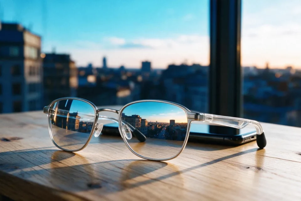 Occhiali con il riflesso di una città al tramonto e uno smartphone sfocato sullo sfondo