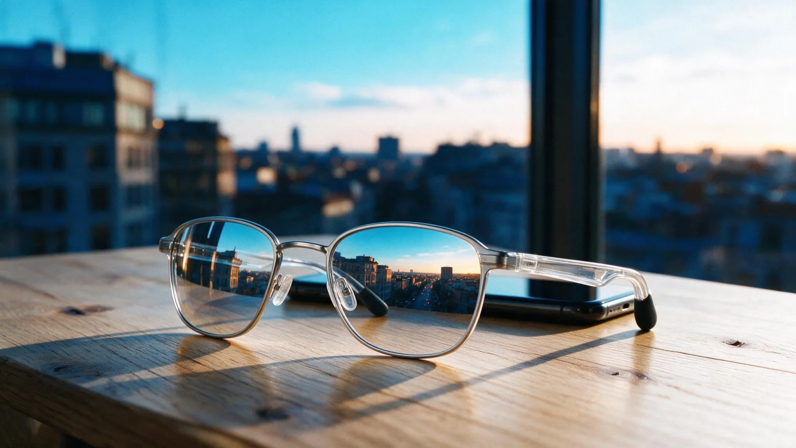 Occhiali con il riflesso di una città al tramonto e uno smartphone sfocato sullo sfondo