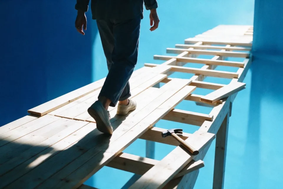 Una persona cammina su una passerella di legno che si costruisce davanti a lei