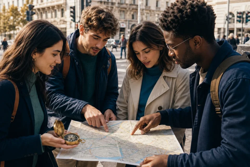 Quattro giovani scelgono insieme una direzione osservando una mappa e una bussola