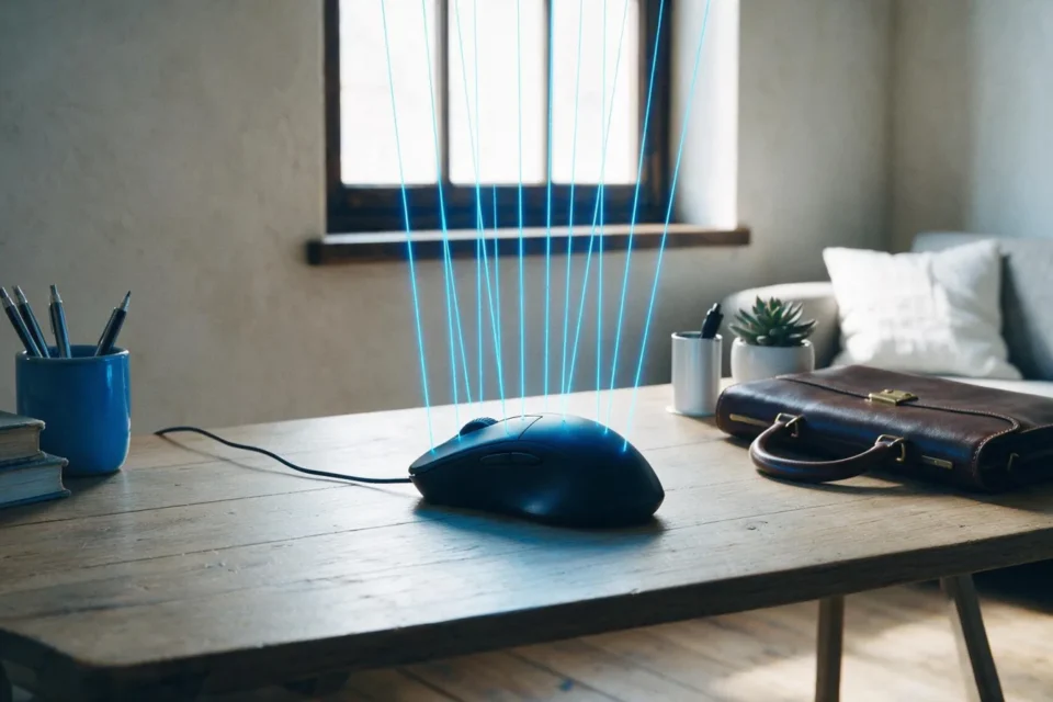 Un mouse su una scrivania mosso da sottili fili di luce celeste come una marionetta