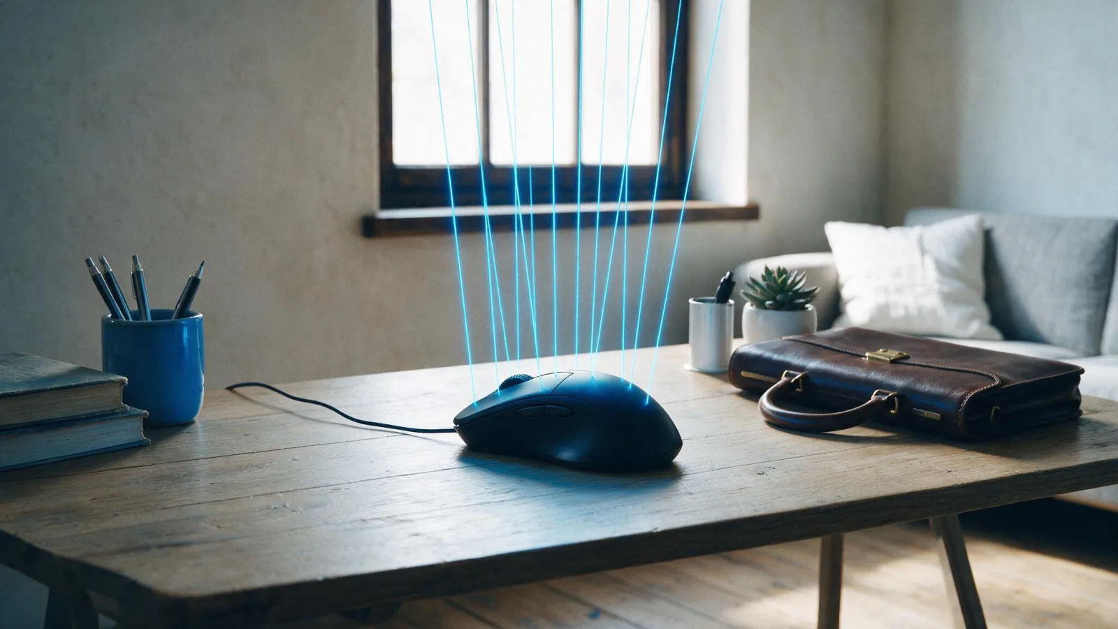 Un mouse su una scrivania mosso da sottili fili di luce celeste come una marionetta