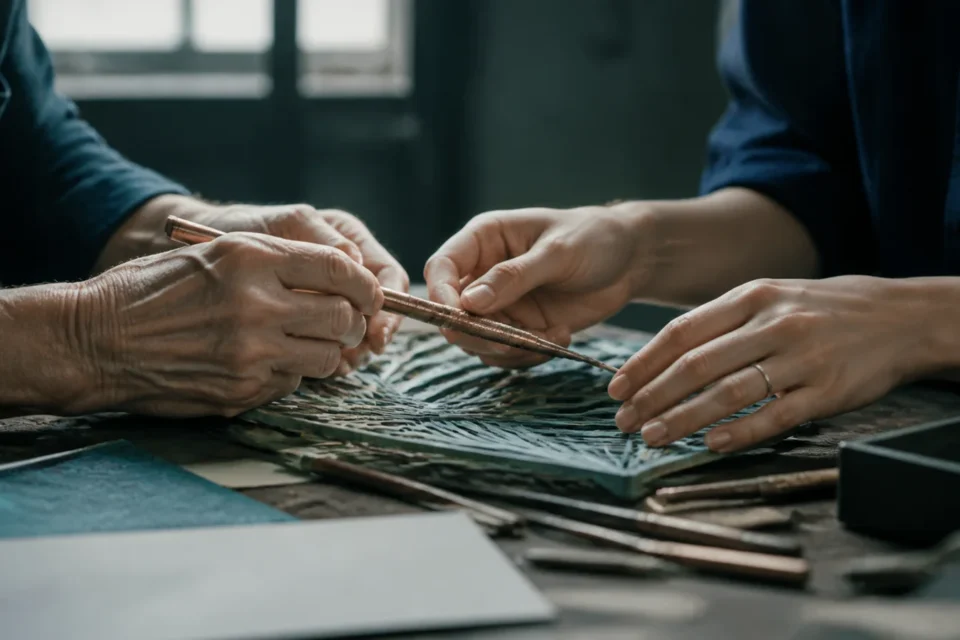 Mani di generazioni diverse condividono uno strumento lavorando alla stessa creazione