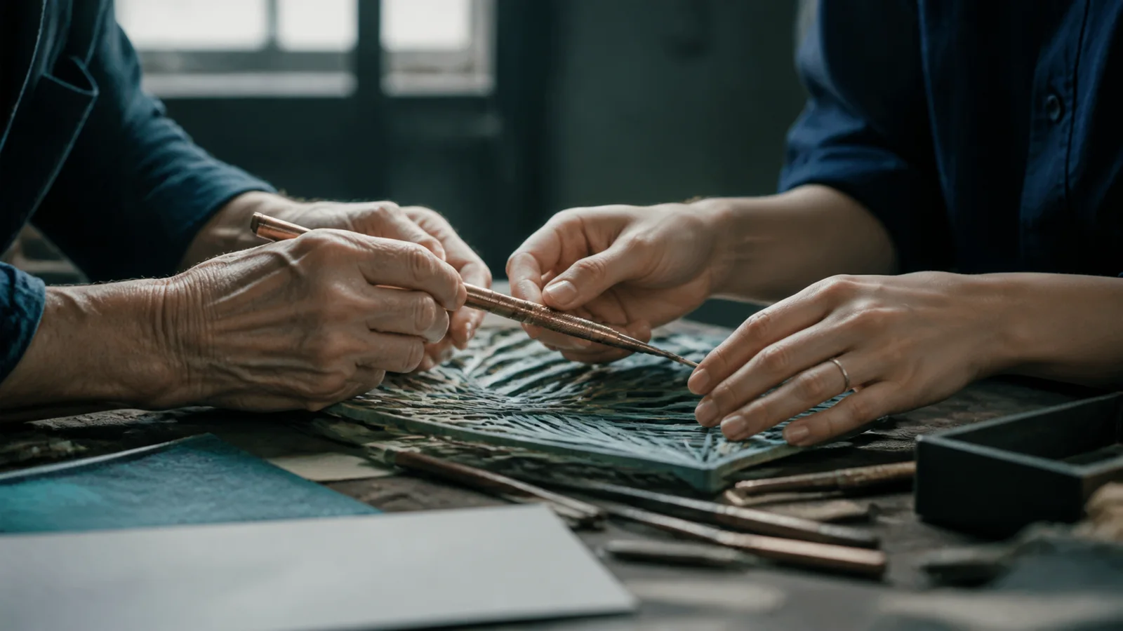 Mani di generazioni diverse condividono uno strumento lavorando alla stessa creazione