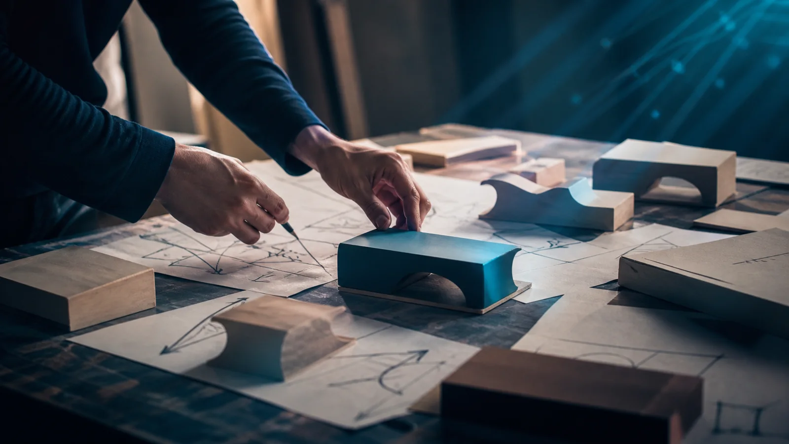 Mani al lavoro tra prototipi successivi fino a una soluzione blu migliorata