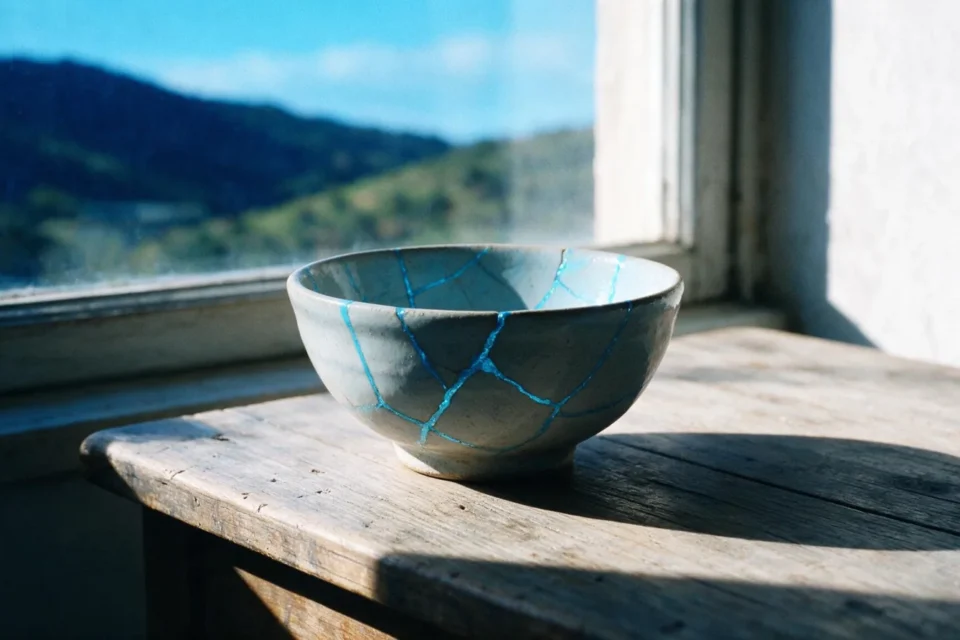 Ciotola in ceramica riparata con crepe celesti in stile kintsugi accanto a una finestra