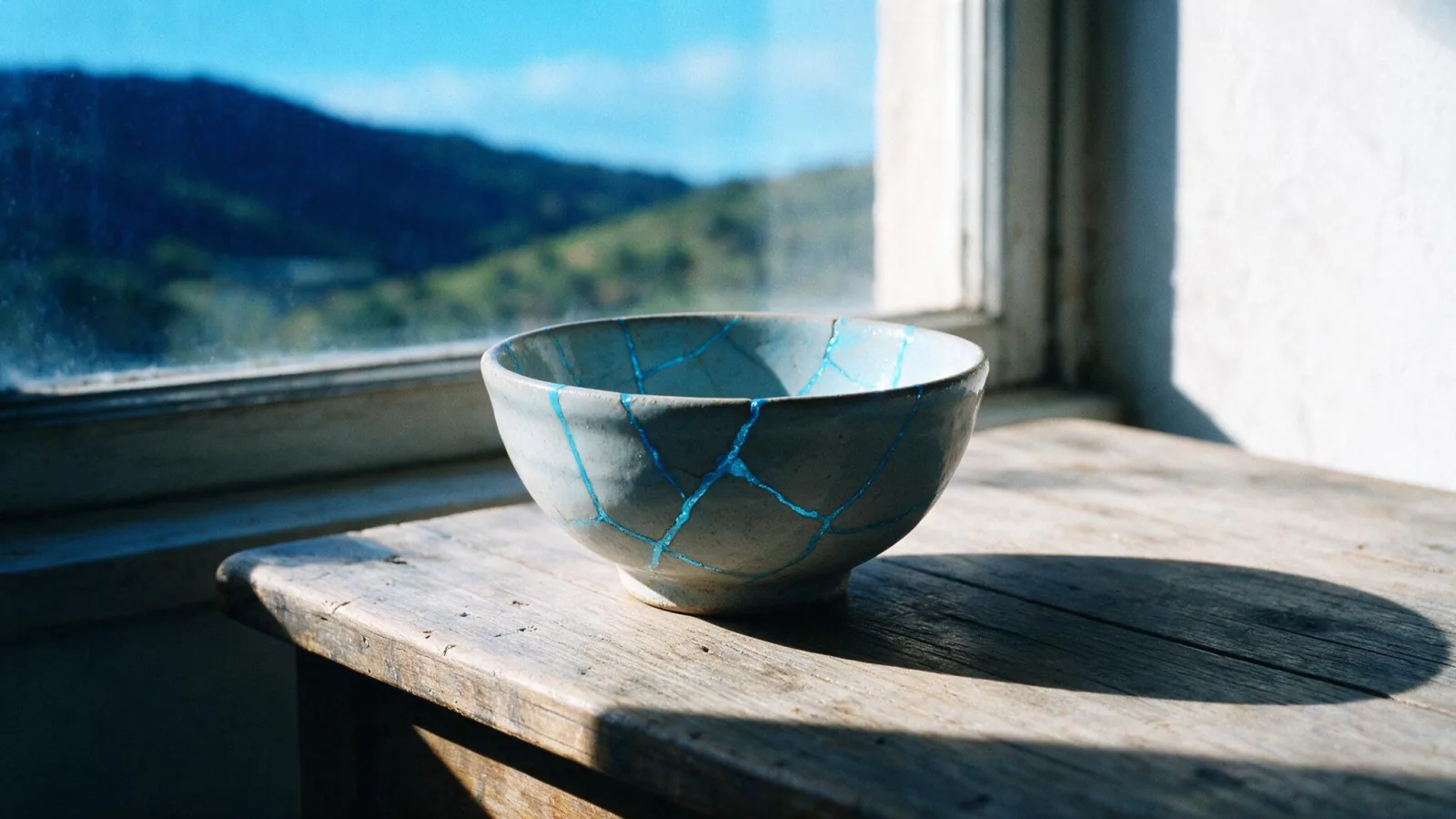 Ciotola in ceramica riparata con crepe celesti in stile kintsugi accanto a una finestra