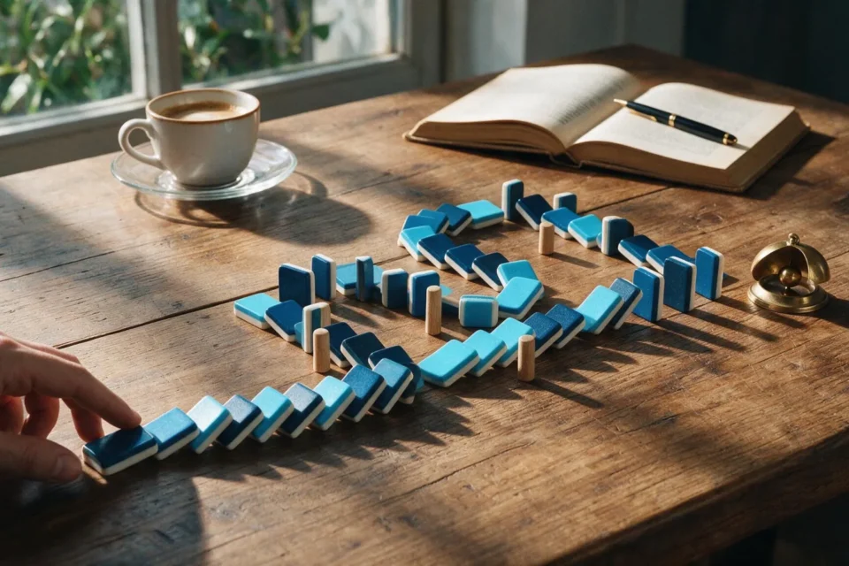 Una mano avvia un percorso di tessere domino che corre verso un campanello d'ottone