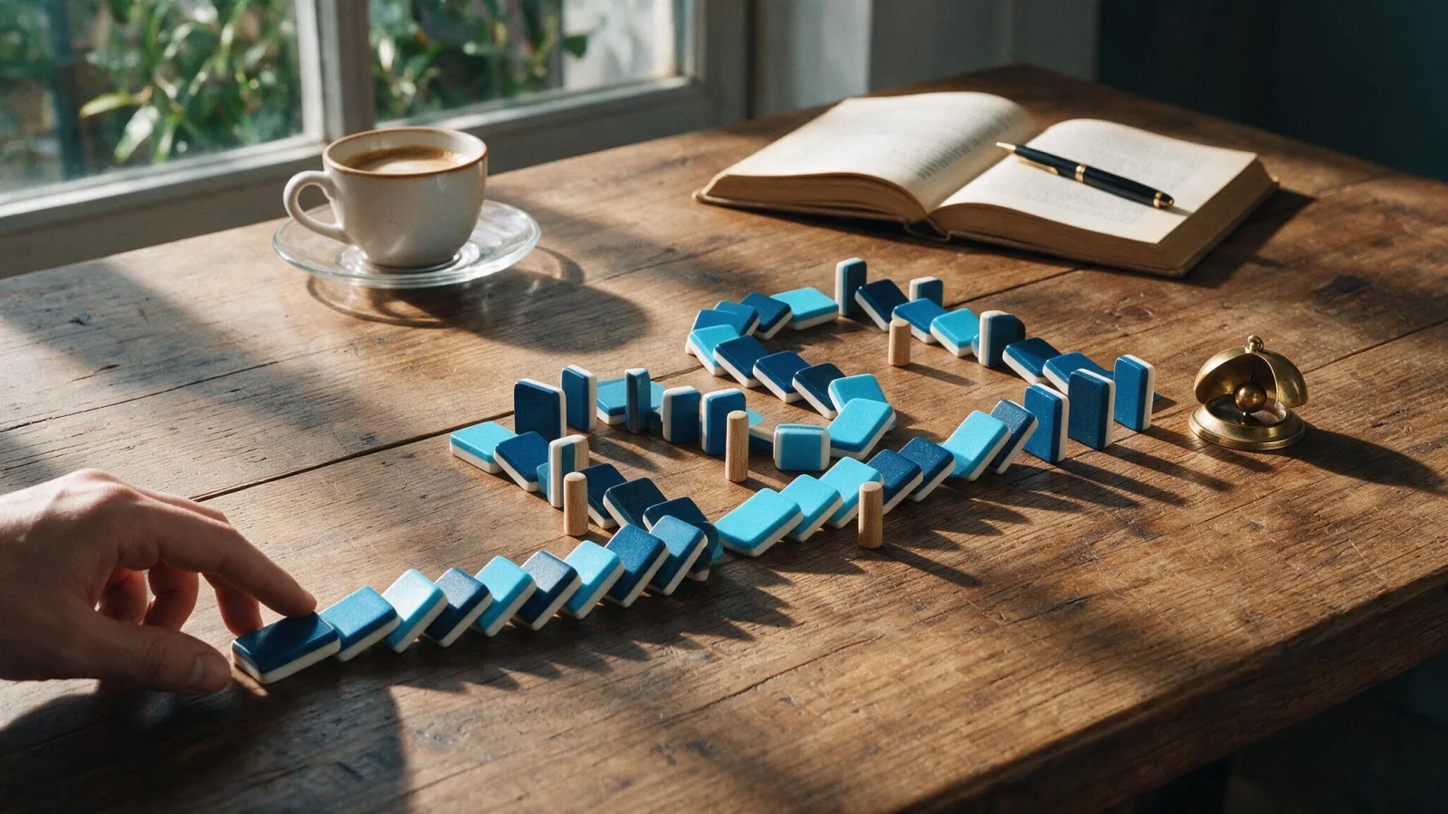 Una mano avvia un percorso di tessere domino che corre verso un campanello d'ottone