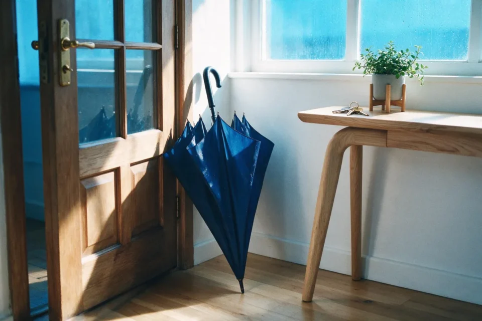 Ingresso di casa con ombrello blu già aperto accanto alla porta in un mattino di pioggia