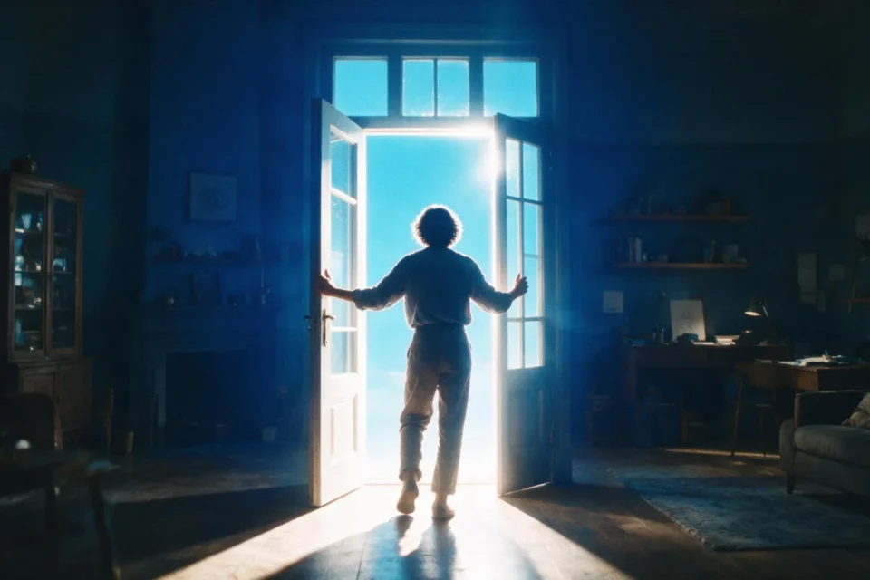 Una persona apre una porta da cui entra una luce intensa