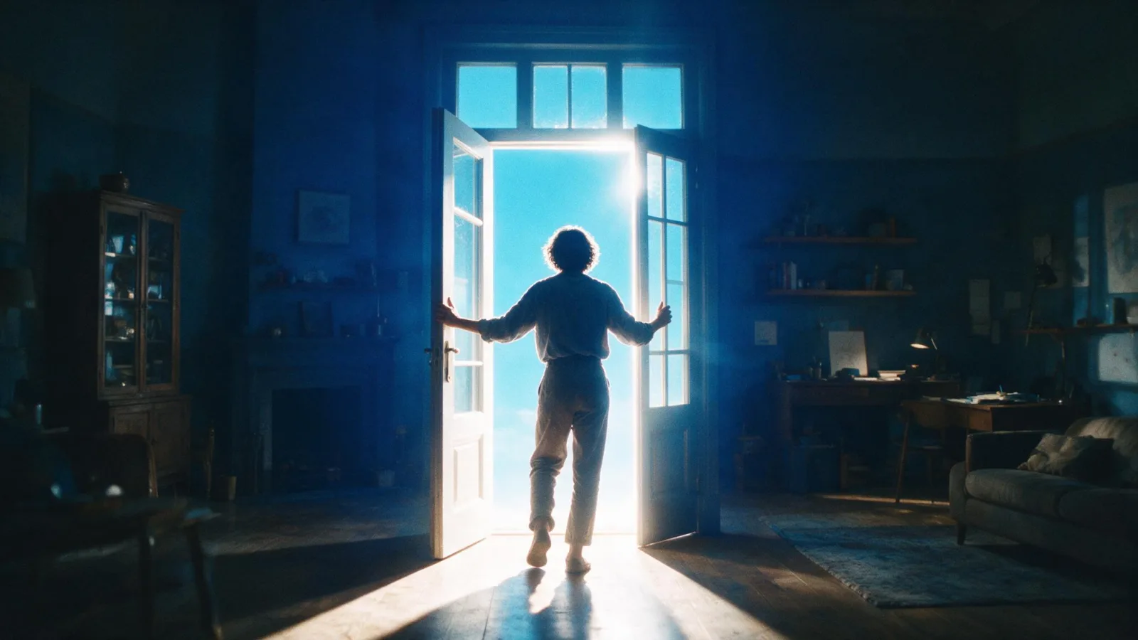 Una persona apre una porta da cui entra una luce intensa