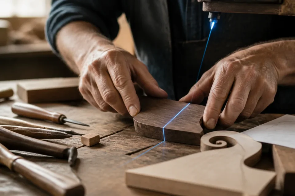 Mani artigiane lavorano un materiale con il supporto preciso di una guida luminosa