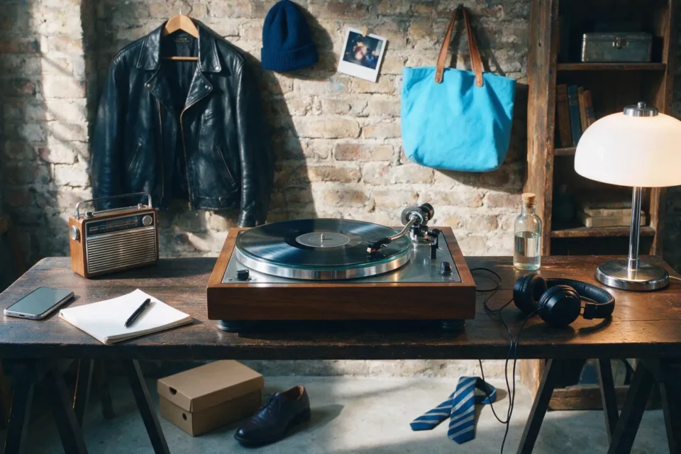 Un giradischi con vinile tra oggetti di epoche diverse