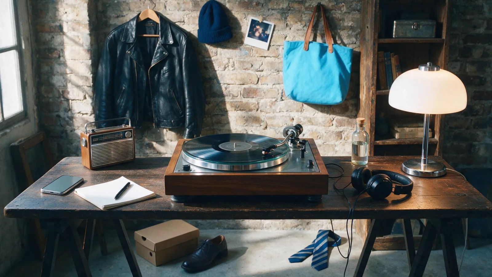 Un giradischi con vinile tra oggetti di epoche diverse