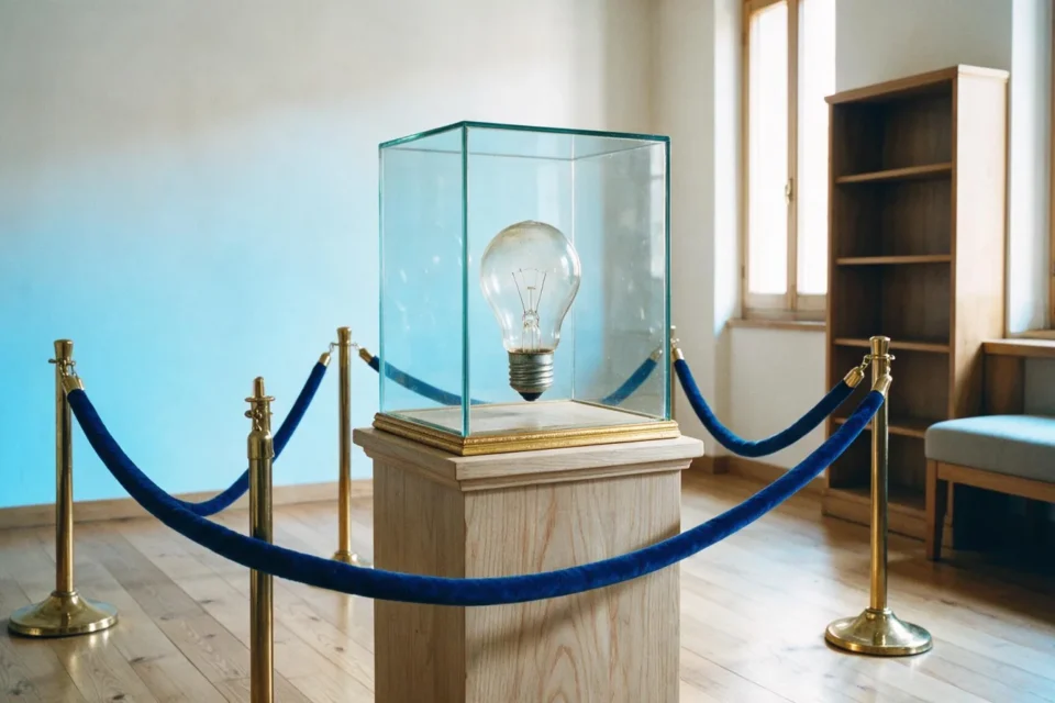 Una lampadina esposta come reliquia in una teca da museo con cordone di velluto