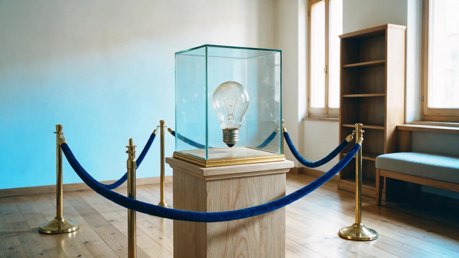 Una lampadina esposta come reliquia in una teca da museo con cordone di velluto