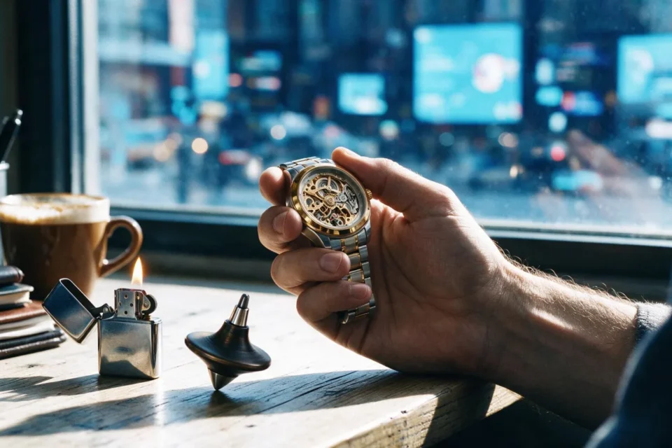Mani con un orologio a carica manuale accanto a uno zippo acceso e una trottola