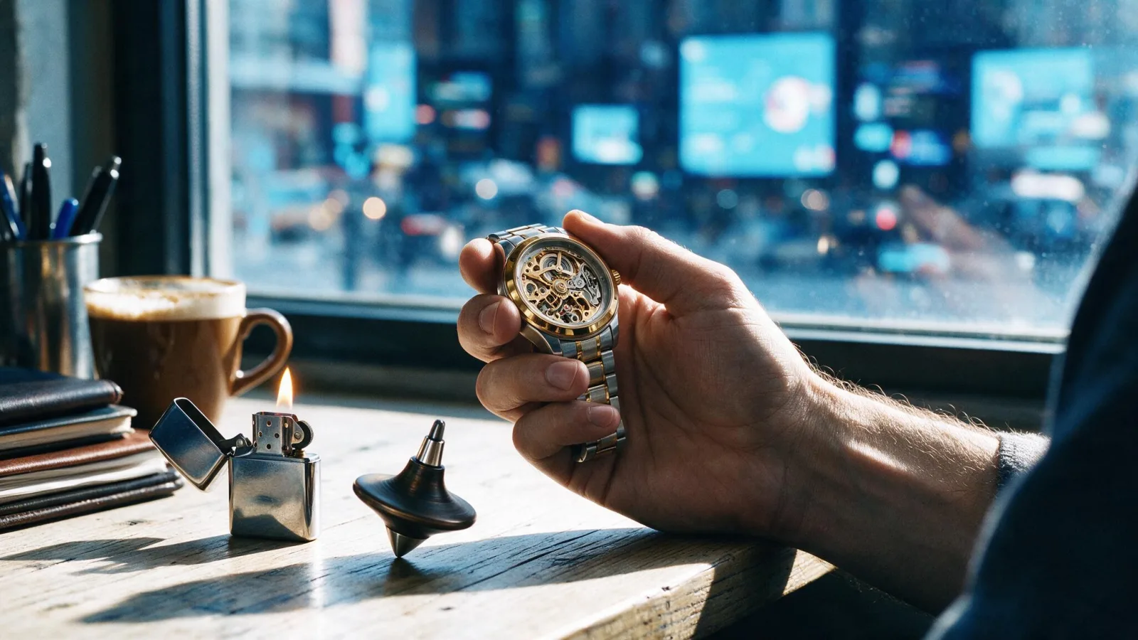 Mani con un orologio a carica manuale accanto a uno zippo acceso e una trottola