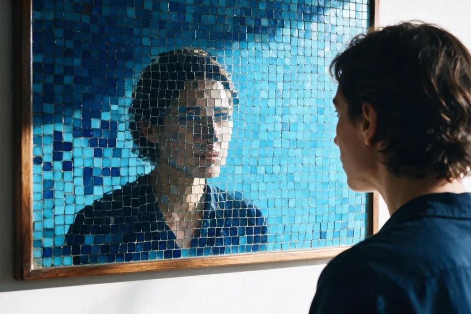 Una persona osserva il proprio riflesso frammentato in uno specchio a mosaico blu