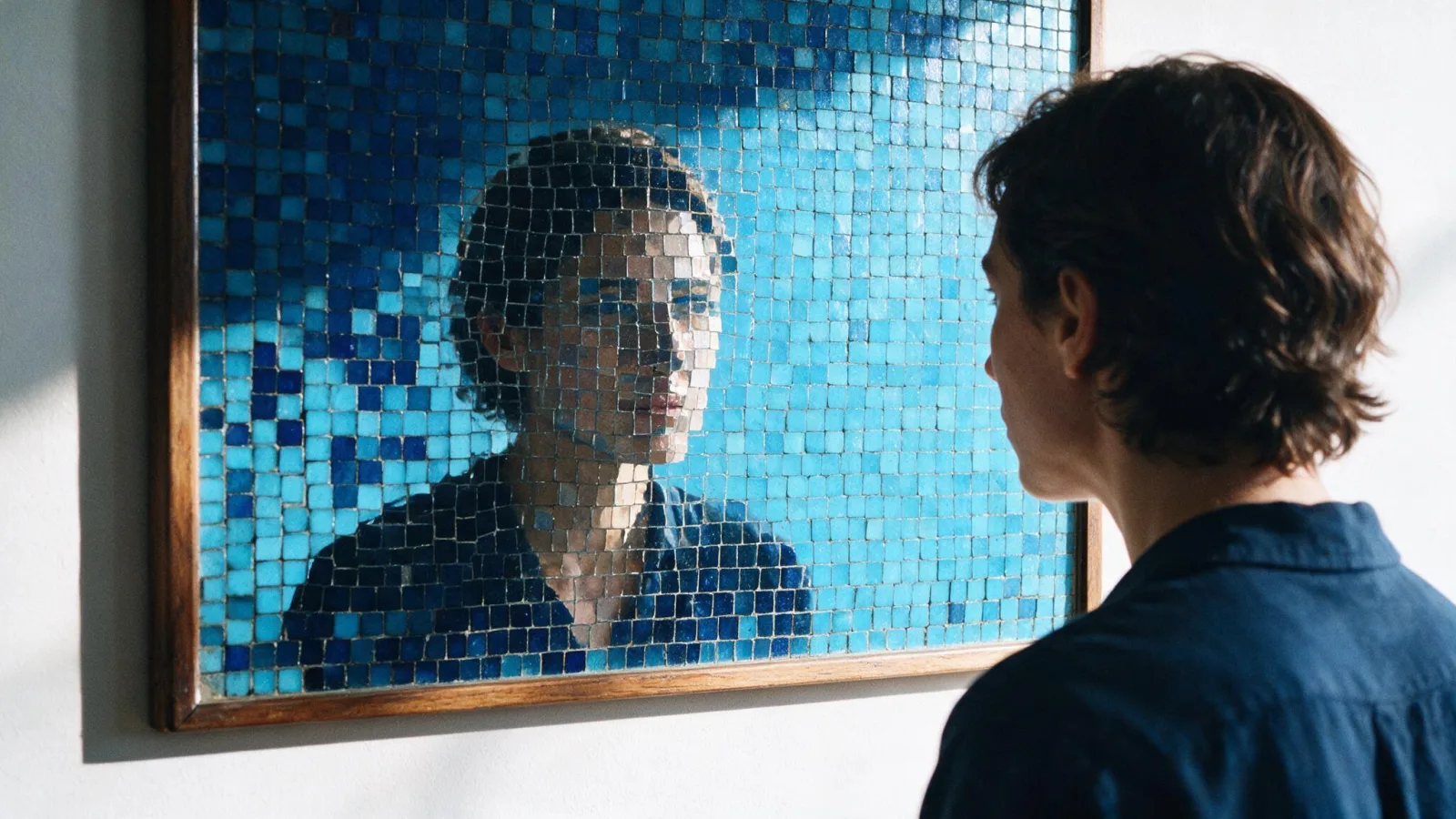 Una persona osserva il proprio riflesso frammentato in uno specchio a mosaico blu