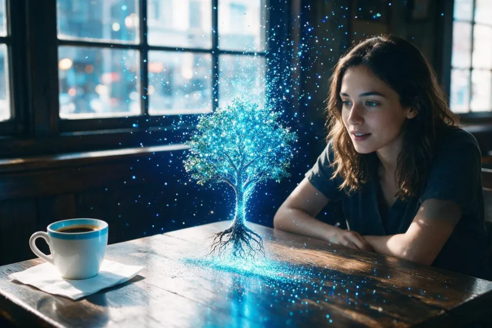 Una donna osserva meravigliata un albero di luce che cresce dal tavolo di un caffè