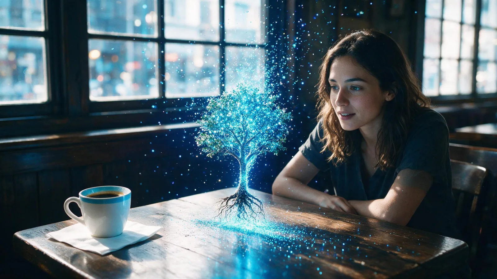 Una donna osserva meravigliata un albero di luce che cresce dal tavolo di un caffè