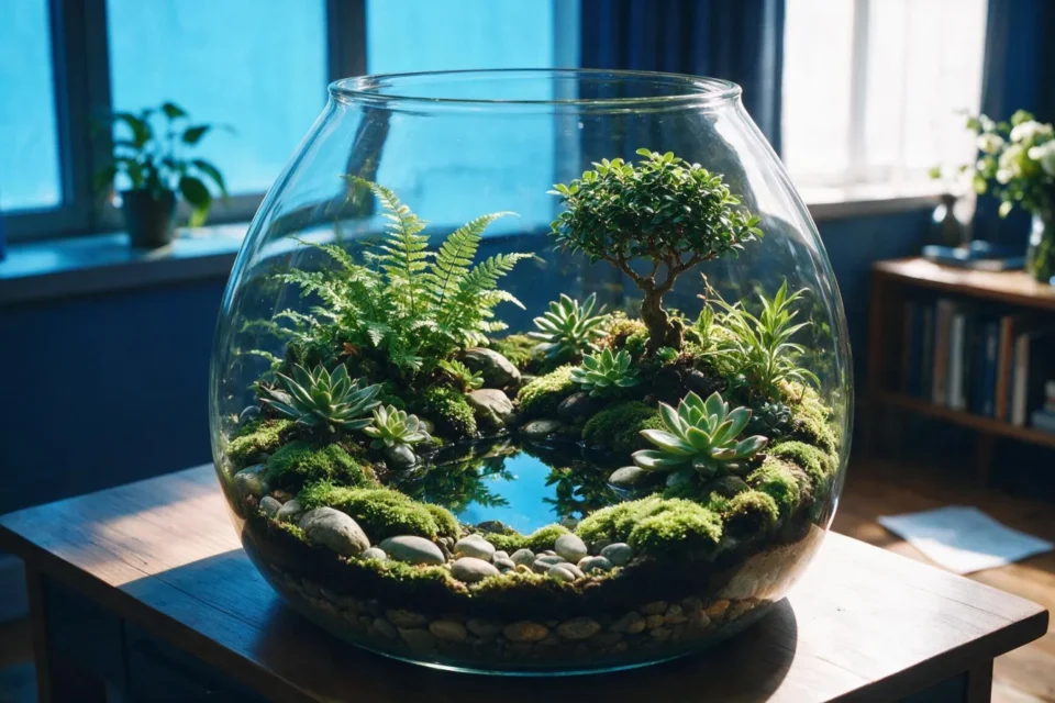 Un terrario di vetro con un piccolo ecosistema verde su una scrivania