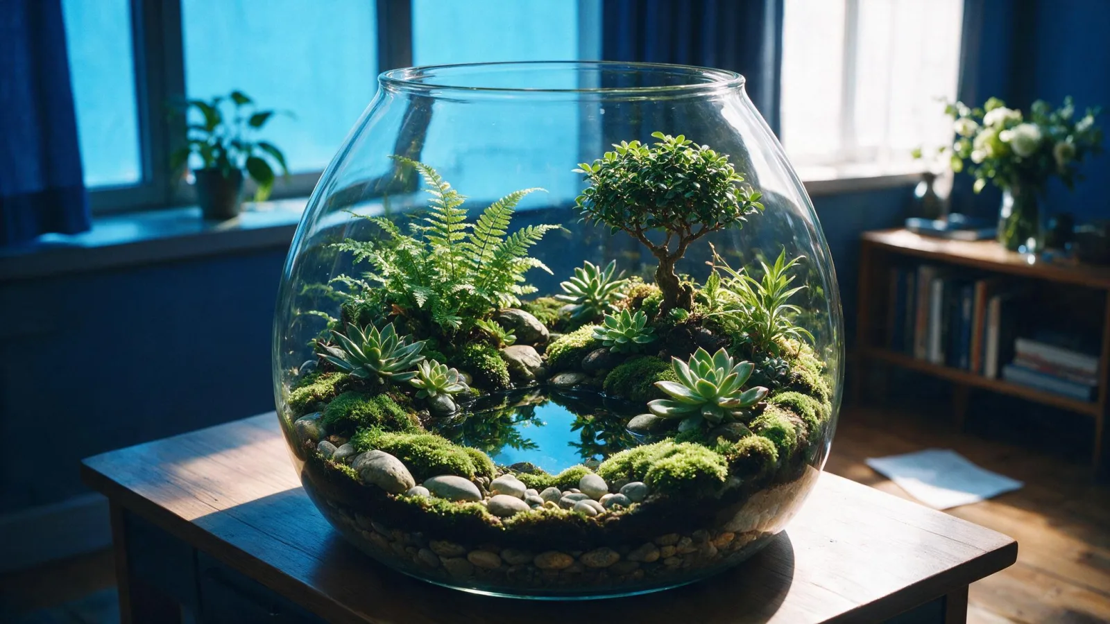 Un terrario di vetro con un piccolo ecosistema verde su una scrivania