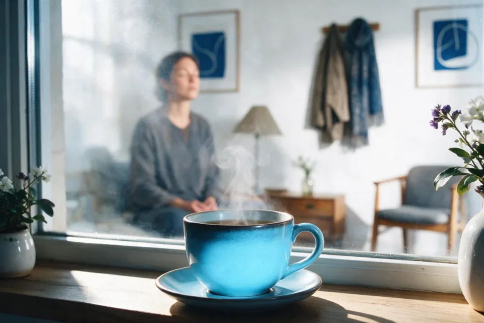 Tazza di tè fumante sul davanzale con una persona che medita sfocata sullo sfondo