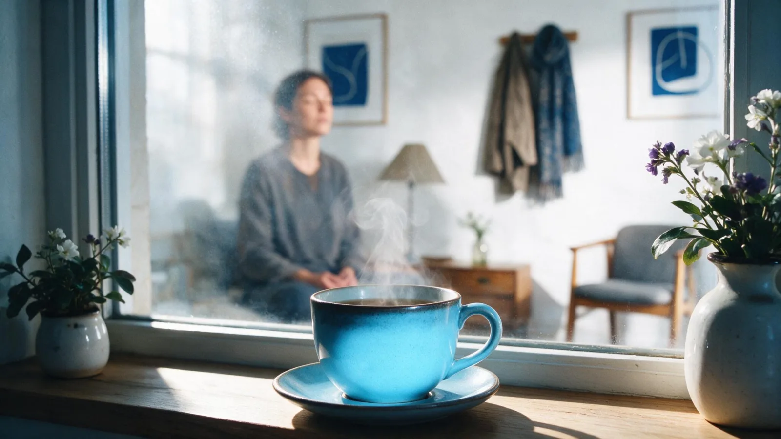 Tazza di tè fumante sul davanzale con una persona che medita sfocata sullo sfondo