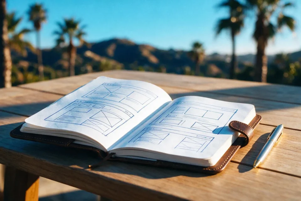 Taccuino con wireframe disegnati a mano sotto la luce dorata californiana