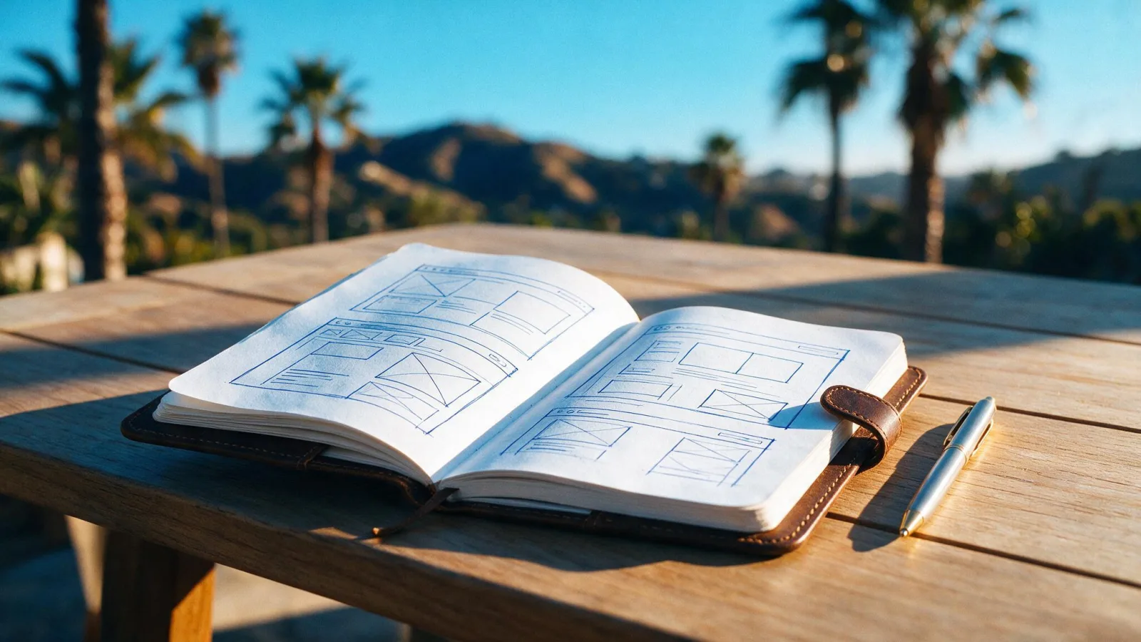 Taccuino con wireframe disegnati a mano sotto la luce dorata californiana