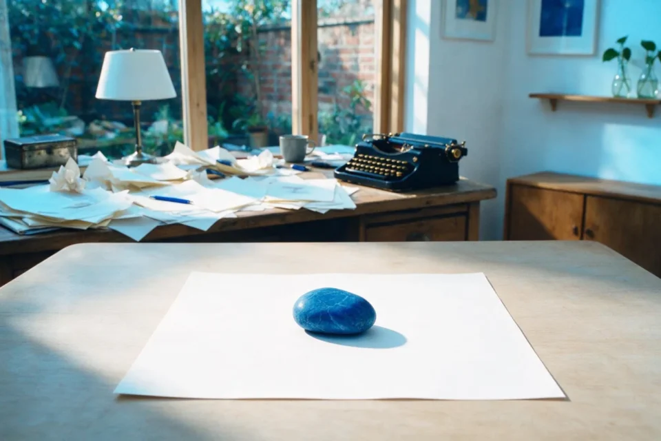 Un foglio bianco con un sasso blu come fermacarte davanti a una scrivania caotica sfocata