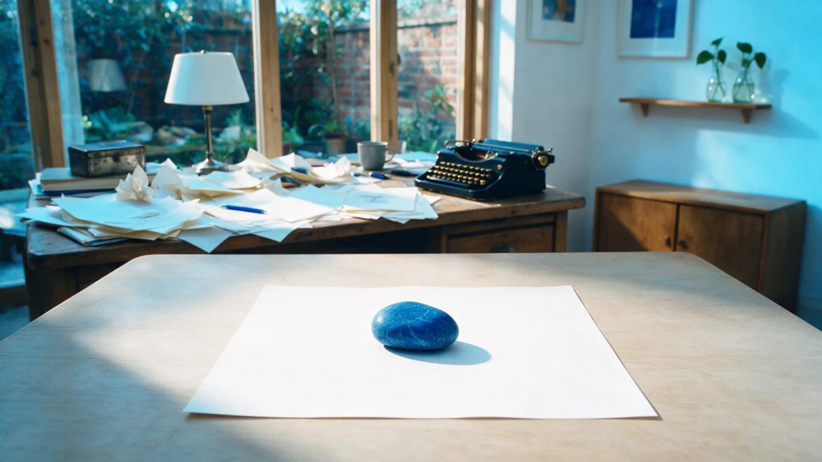 Un foglio bianco con un sasso blu come fermacarte davanti a una scrivania caotica sfocata